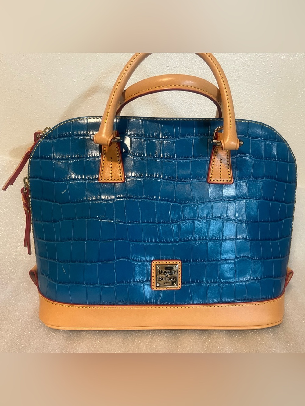 Dooney & Bourke Blue Croc-Embossed Tote with Tan Trim - Picture 4 of 10